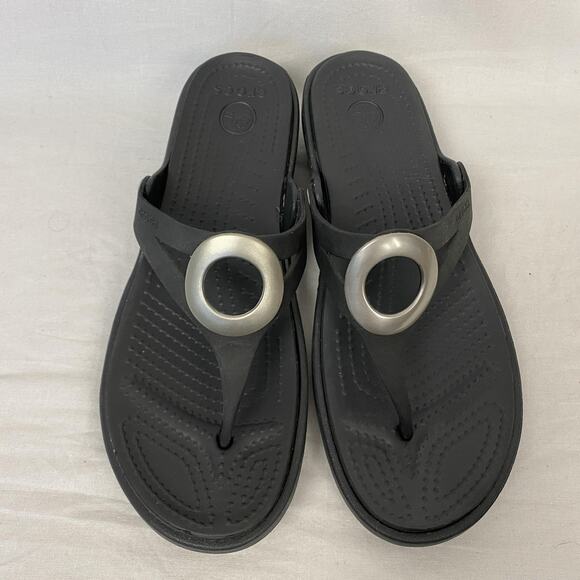 Crocs Sandals Womens Size 9 Black Sanrah Wedge Flip Flop Thong Ring Comfort - Picture 4 of 12